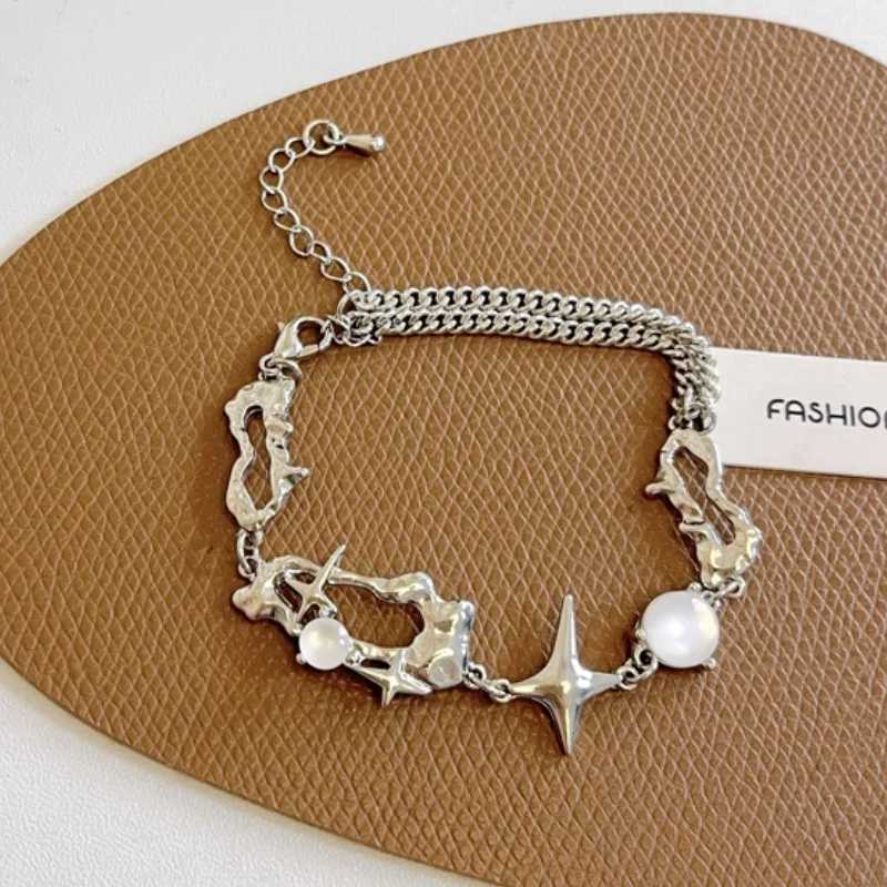Irregular Hollow Four Pointed Star Design Bracelet for Women Silver Color Trendy Imitation Pearls Chain Bracelets Jewelry W250606