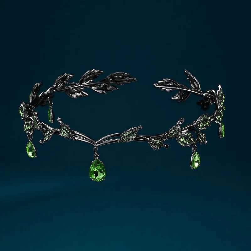 Vintage Gun Black Emerald Rose Green Fairy Crown Tiara Crystal Elf Tiara Bandana Hair Accessories for Women Costume Jewelry Z250605