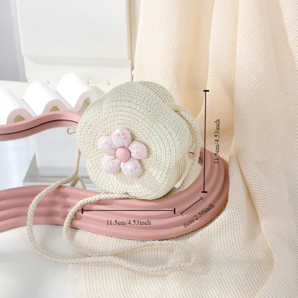 Childrens Straw Small Shoulder Bag Woven Cute Flower Baby Girls Purse Handbag Mini Round Hand Made Beach Crossbody Bag 250605