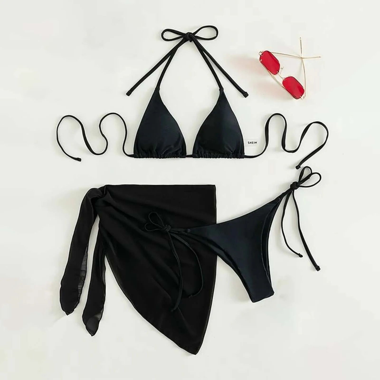 Sexy Three Pieces Bikini Set Women Summer With Sarong Skirt Solid Color Triangle Cup Tie Up Female Swimwear Swimming Suit 250530