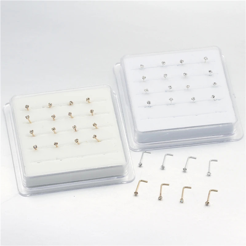 20PCS/Box Sterling L Shape Nose Stud Ring 2mm Clear Crystal Nose Piercing Body Jewelry 250605