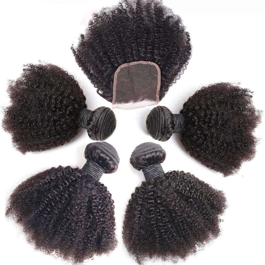 Mongolian Kinky Human Bundles With African Natural Fluffy Hair Extensions 4x4 Lace Closure 4B 4C Tissage Afro
