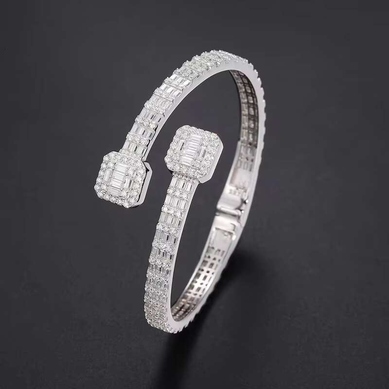 Unisex 925 Sterling Silver VVS1 Baguette Cut Moissanite Diamond Bangle for Women Men Hip Hop Jewelry for Gift