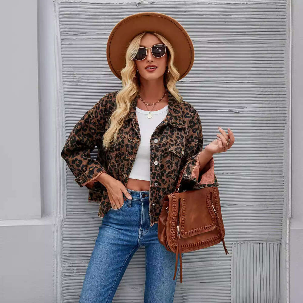 Women's Clothing Autumn Winter New Leopard Print Fashion Casual Denim Short Jacket B5