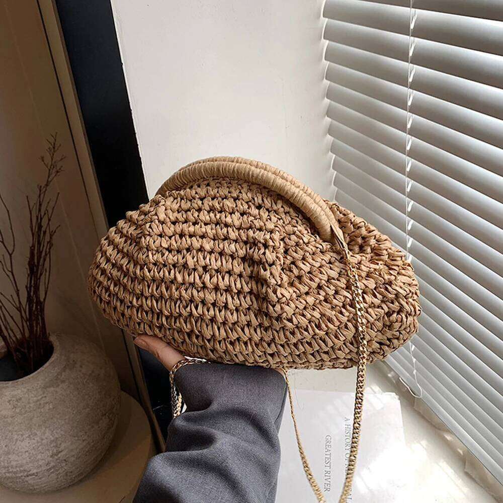 Women Woven Chain Strap Straw Clutch Purse Large Capacity Stylish Crossbody Bag Solid Color For Party Vacation