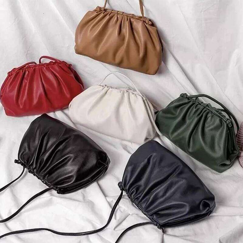 Brand Pleated Cloud Genuine Leather Exquisite Clutch Women Drawstring Fashion Elegant High Quality Shoulder Bag
