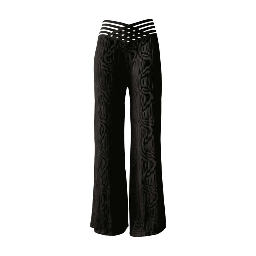 Summer High Waist Casual With Draping Pleats, Hollow Out Water Ripple Wide Leg Pants, Women's Long Pants B5