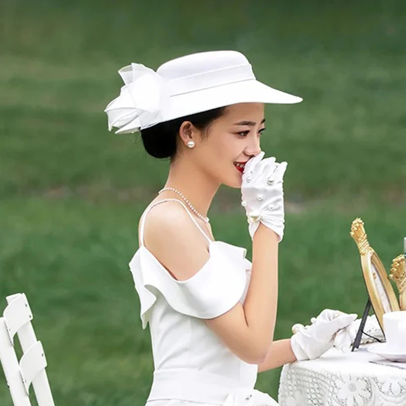 French Bownot Satin Top Hat Women Banquet Fascinator Bride Wedding Black Fedora Hat 250604