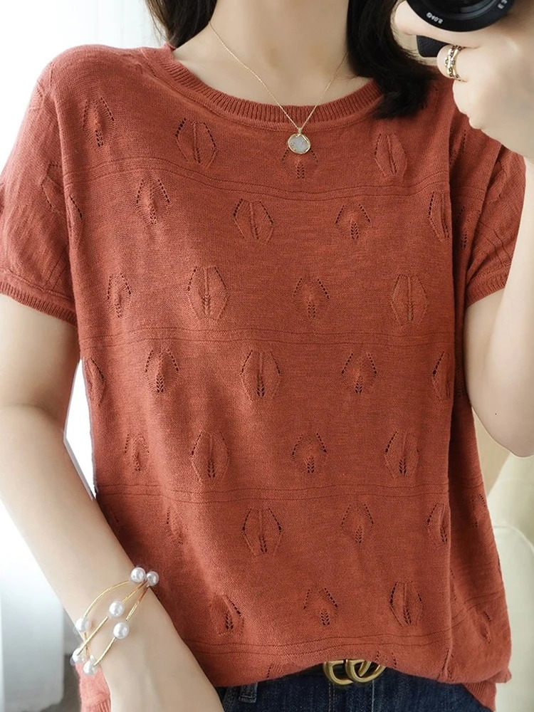 Summer Short Sleeve Women knitted Thin Sweater Female Hollow Out Oneck Pullover Top Ladies Solid Loose Casual Jumpers 250530