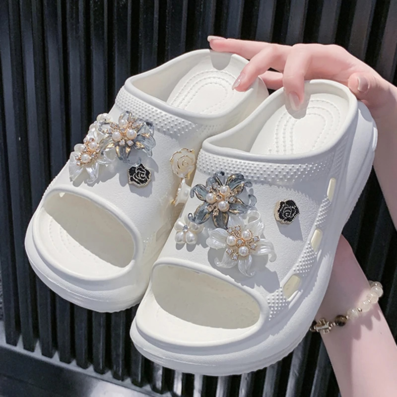 Pearl Flower Thick Sole Eva Slippers Women Summer 2025 Diy Wedge Heels Sandals Woman Chunky Platform Non Slip Beach Slides Shoes 250603