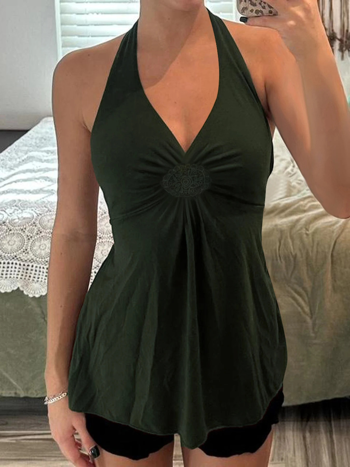 Fashion Solid Simple Embroidered Ruched Women Halter Tops Backless Sexy tie Summer Tanks 250605