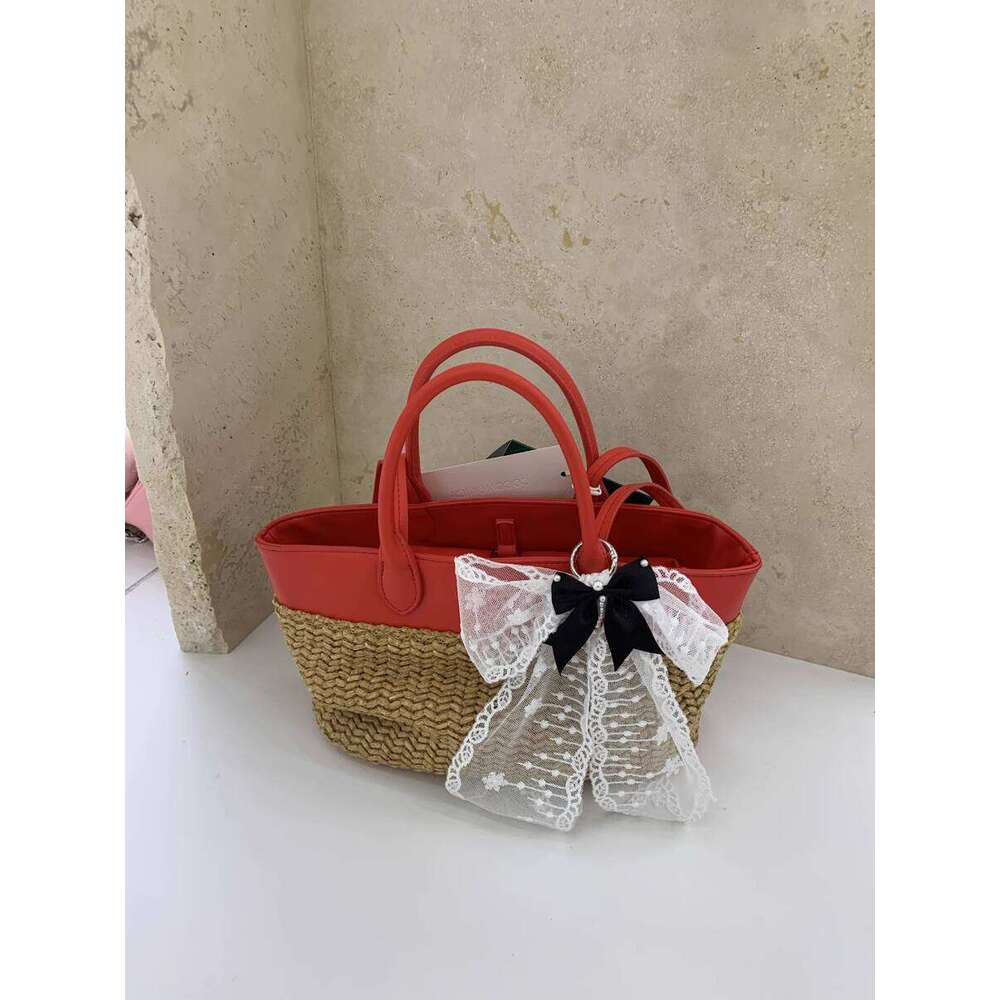 Spring Summer New Straw Tote Patchwork Color Block Handbag Shoulder Pastoral Style Woven Vacation Bag