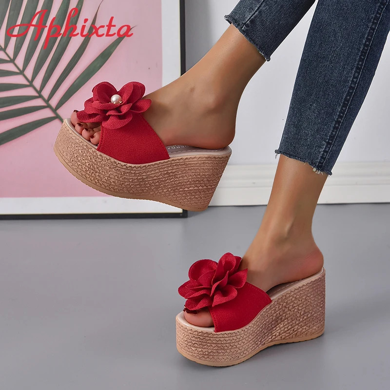 Aphixta Summer 9cm Wedge Heels Slippers Women Big Pearl Bead Flowers Cow Suede Bow Mulers 4cm Platform Sandals Clog Shoes Slides 250603