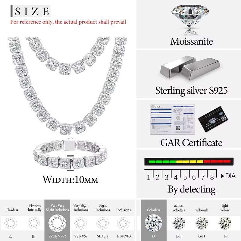 S925 Sterling Silver Jewelry Center 8 Square Micro Set Rock Sugar Hip Hop Necklace wholesale bulk manufacture factory customized