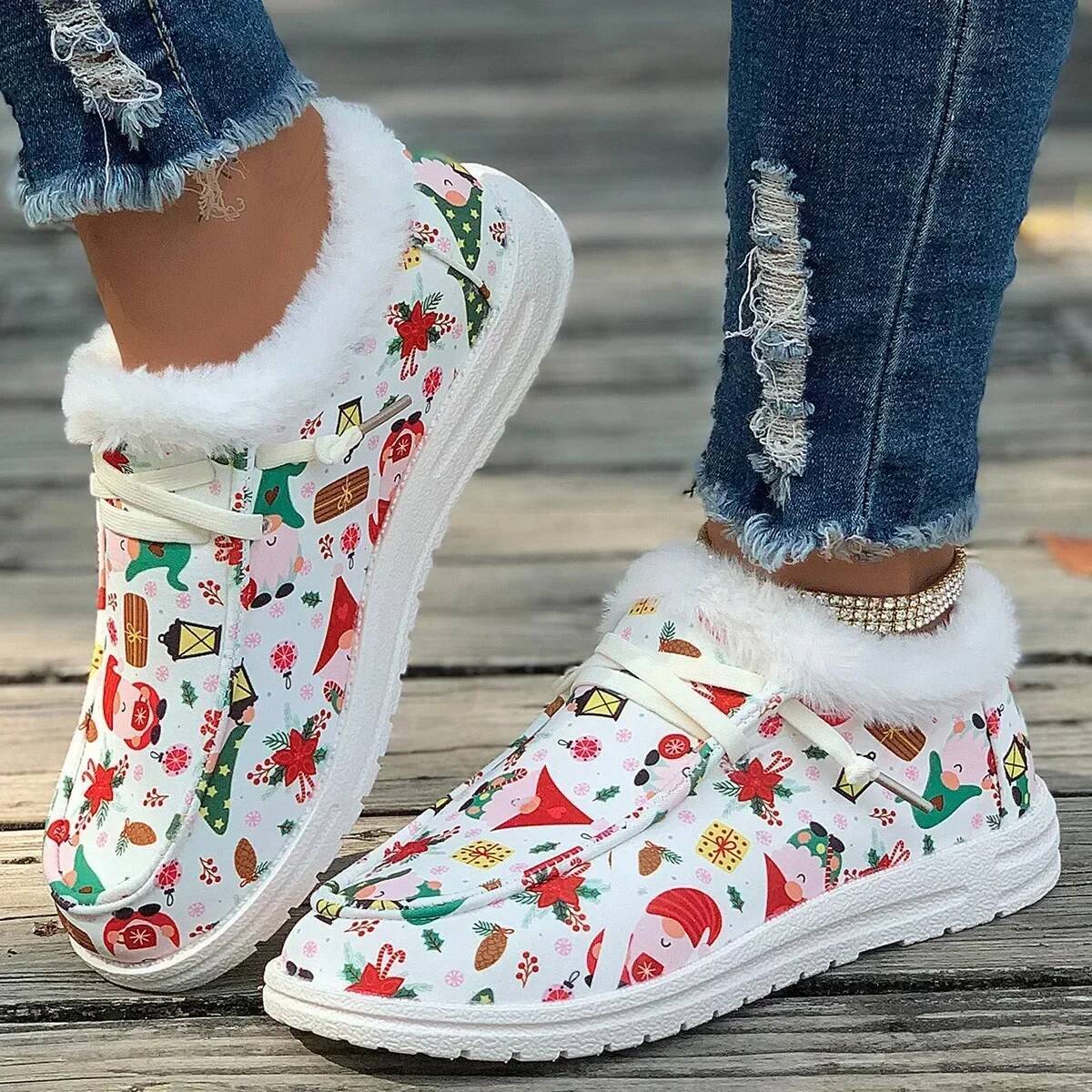 Ddmyoutdoor Ladies Flat Casual Women New Winter Ankle Snow Boots Woman Christmas Print Cotton Shoes Short Plush Booties Warm Gift Outdoor Shoes