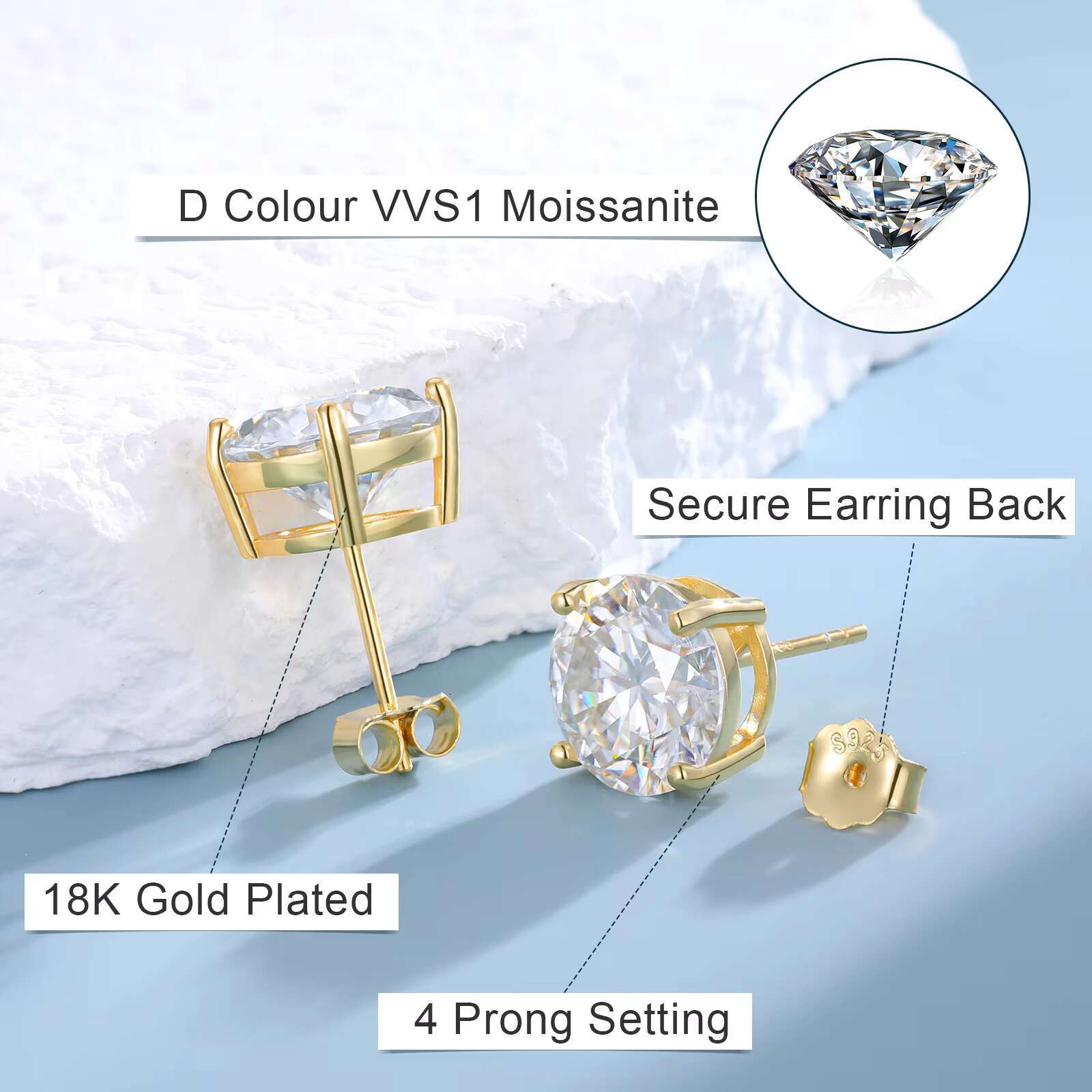 Luxury Men Women Mossanite Earrings Jewellery Gold Plated Silver 925 Pass Diamond Tester Real VVS Moissanite Stud Ear Rings