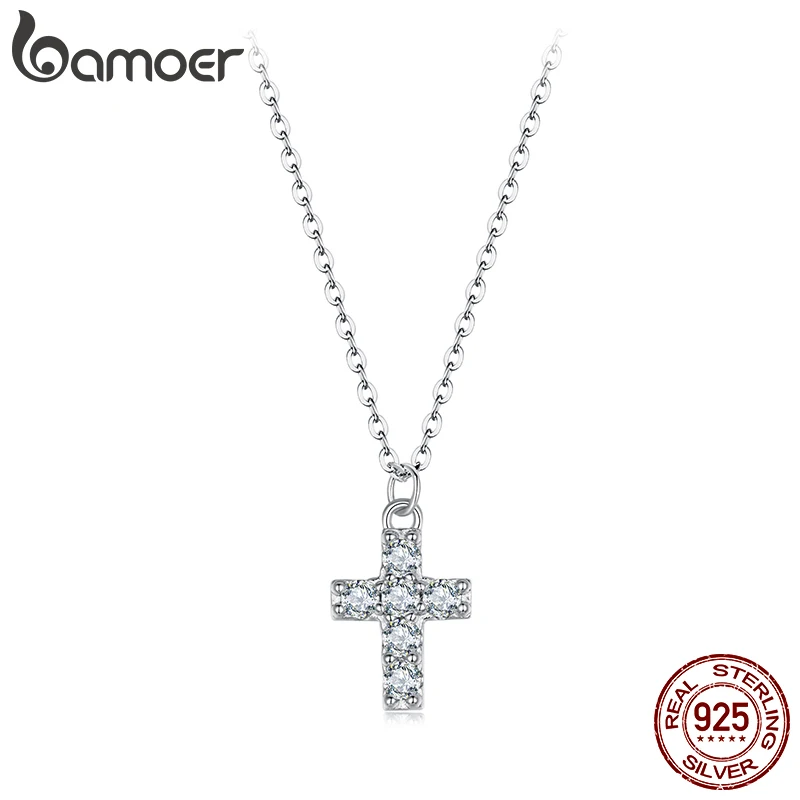 BAMOER White Gold Plated Moissanite Cross Necklace for Women, 925 Sterling Silver Small Religious Faith Cross Necklace Xmas Gift