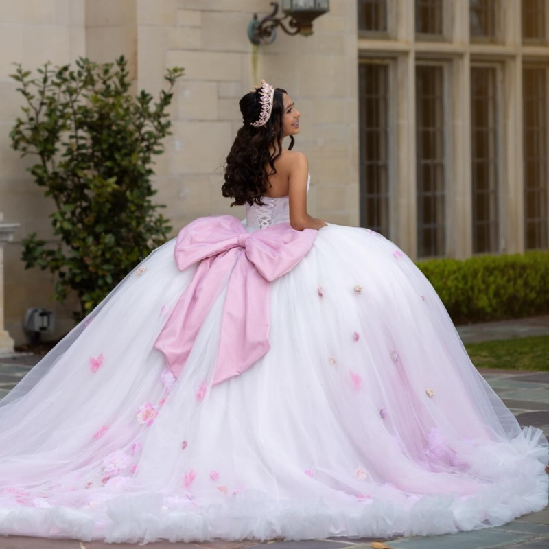 White Quinceanera Dresses Ball Gown Off The Shoulder Applique Flower Beads Tiered Tull Sweet 16 Dress Vestidos 15 De Anos