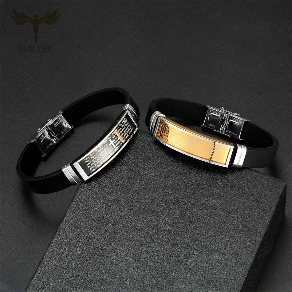 Christian Bible Prayer Text Cross Bracelets Stainless Steel Cuff Bangle Black Silicone Wristband Women Men Couple Jewelry Gifts W250606