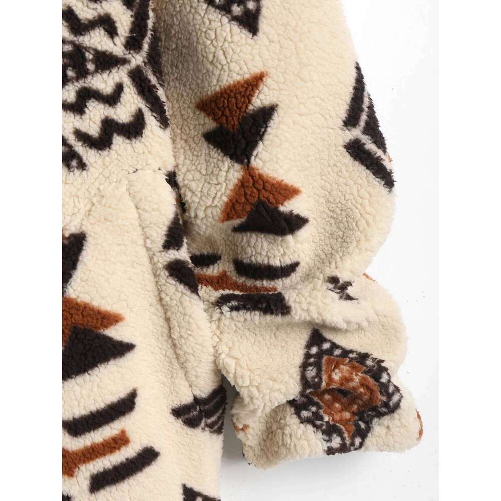 ZAFUL Women's Hooded Ethnic Style Pockets Long Tribal Geo Aztec Printed Fluffy Teddy Coat fur New coats outerwears 2024 Winter