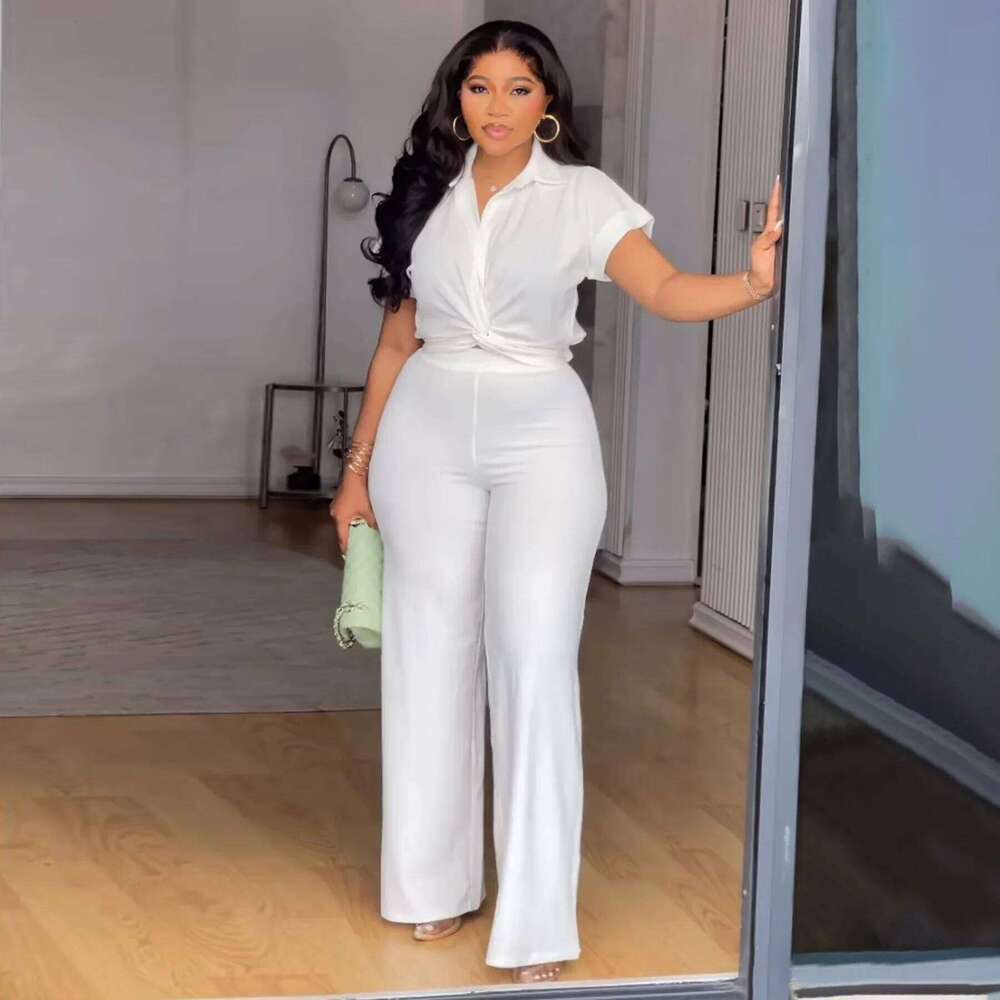 Summer New N8088 plus Size Women's Pure Color Short Sleeve Shirt High Waist Pants Two Piece Set Casual Comfortable Outfit