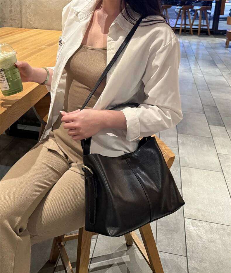 Burminsa Vintage Cow Genuine Leather Bucket Shoulder Bags For Women Designer Crosssbody Purses Tote Ladies Handbags