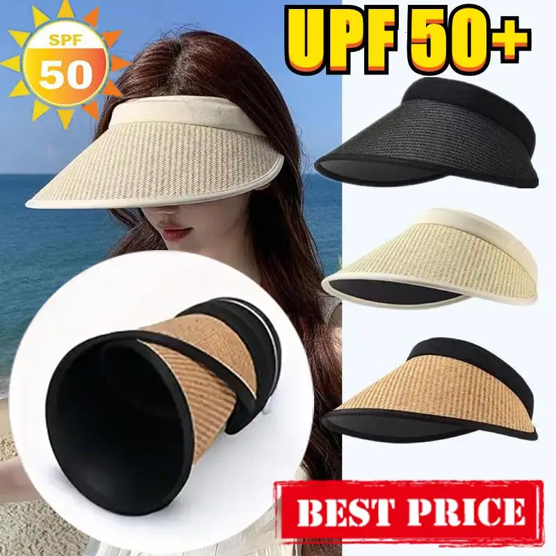 Summer Straw Hat for Women Foldable Empty Top Sun Hats Outdoor Beach Anti-UV Protection Wide Brim Female Sunscreen Visor Cap 250603