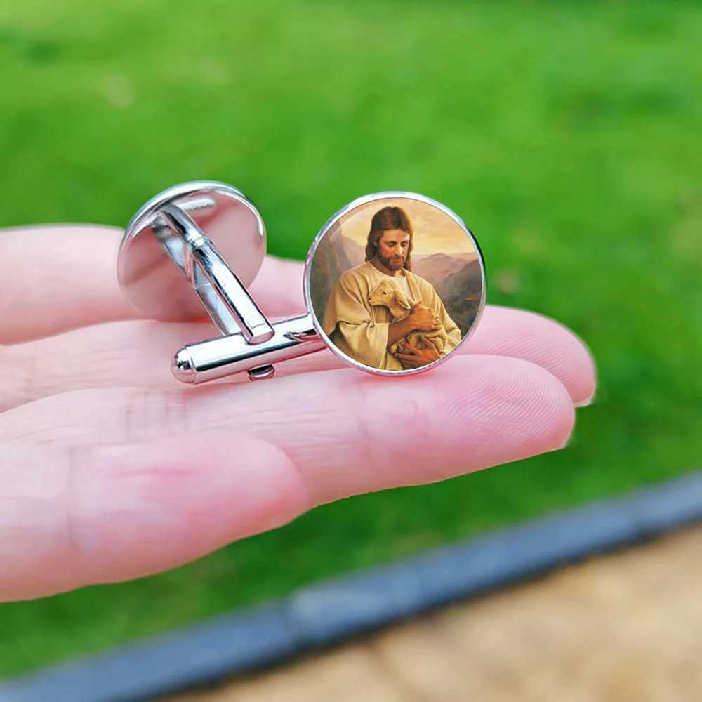 Jesus Cross Cufflinks for Men God Bless Glass Cabochon Shirt Cuff Links Buttons Christian Gifts W250606