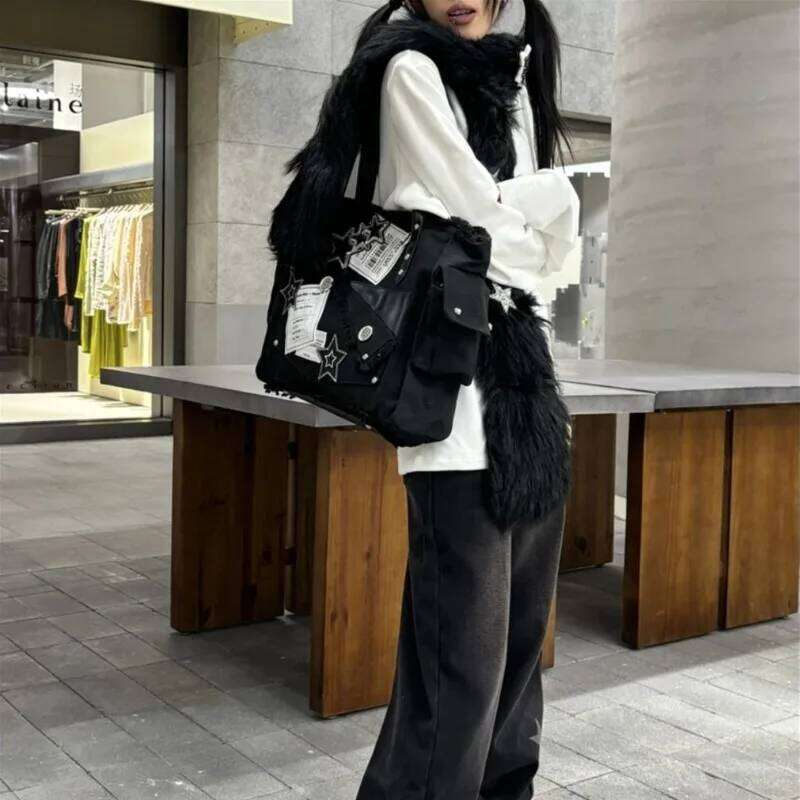 Xiuya Y2k Black Womens Tote Canvas Gothic Fashion Vintage Patchwork Shoulder Bag Large Capacity Original Female New Handbag