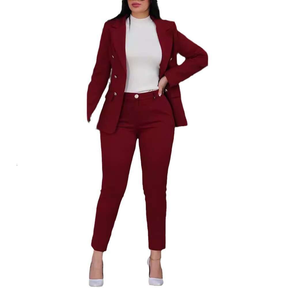 Women's Solid Color Slim Fit Casual Fashion Waist-Cinching Double-Breasted Two-Piece Suit Set B5