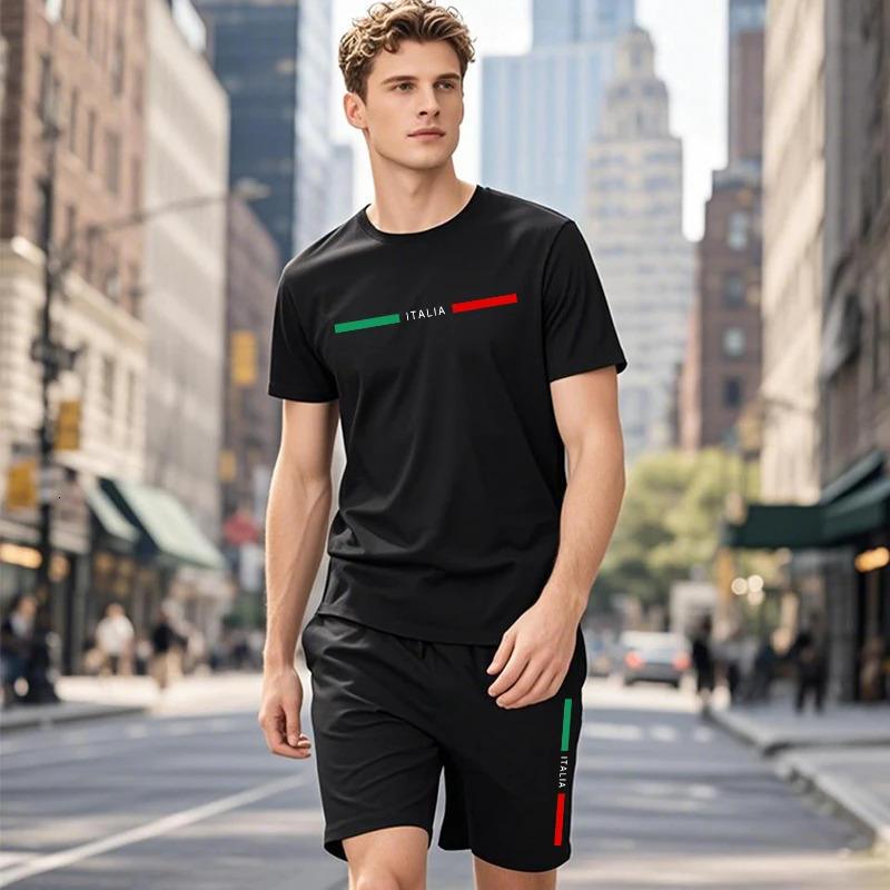 Mens Italy Printed Tracksuit T-shirts shorts 2pcs Set Summer Daily Casual Sports Jogger Suit Urban Fashion Cool Shorts Outfits 250605