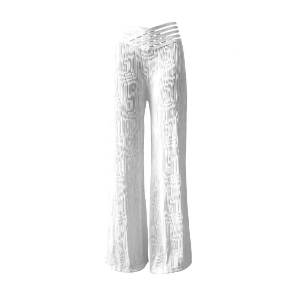 Summer High Waist Casual With Draping Pleats, Hollow Out Water Ripple Wide Leg Pants, Women's Long Pants B5