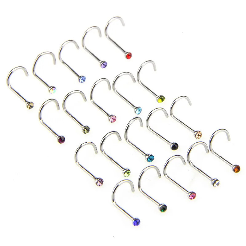 20pcs/lot Stainless Steel Crystal Rhinestone Nose Studs Hooks Bar Pin Nose Rings Body Piercing Jewelry For Women 250605