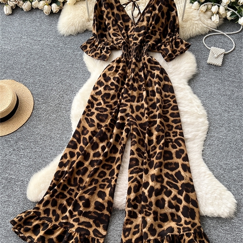 SINGREINY Summer Streetwear Jumpsuit Female V Neck Flared Sleeves Elastic Waist Slim Fit Fashion Leopard Print Long Rompers 250530