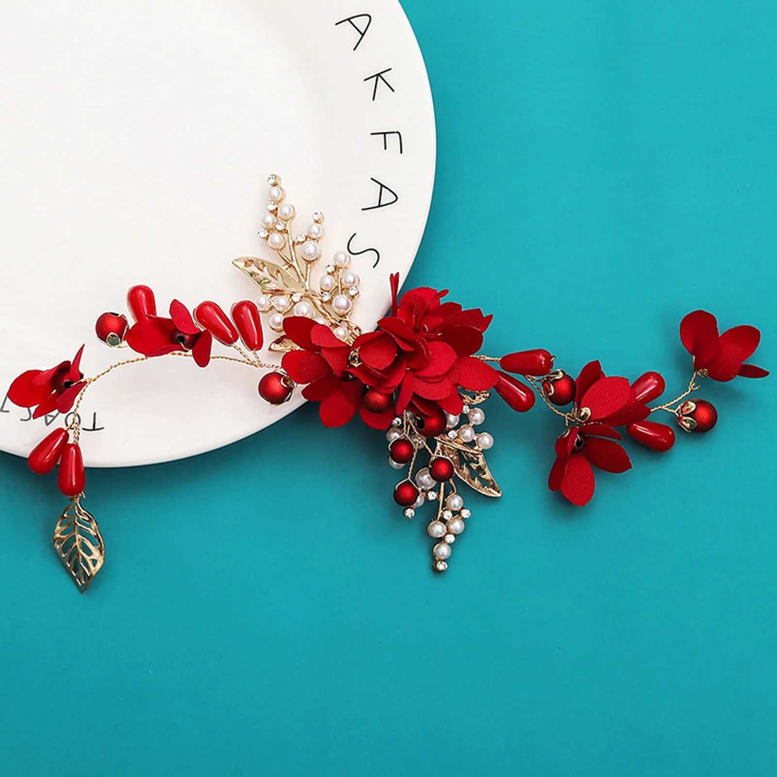 Wedding Headbands Red Flower Hairbands Gold Color Metal Headdress for Bride Hair Jewelry Accessory Chinese Fashion Headwear Z250605