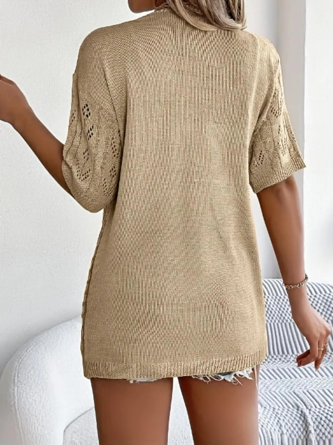 Plus Size Womens Thin Cardigan Knitwear V Neck ShortSleeved Loose Casual Spring and Summer Pure Color Elegant Appearance 250530