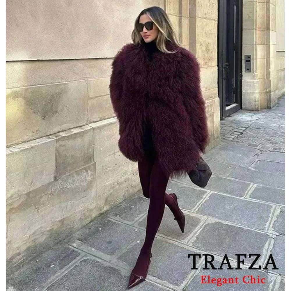TRAFZA-Women Stylish Fur-Effect Lapel Shaggy Faux Fur Bury New 2025 Fall Winter Fashion Elegant Vintage Coat