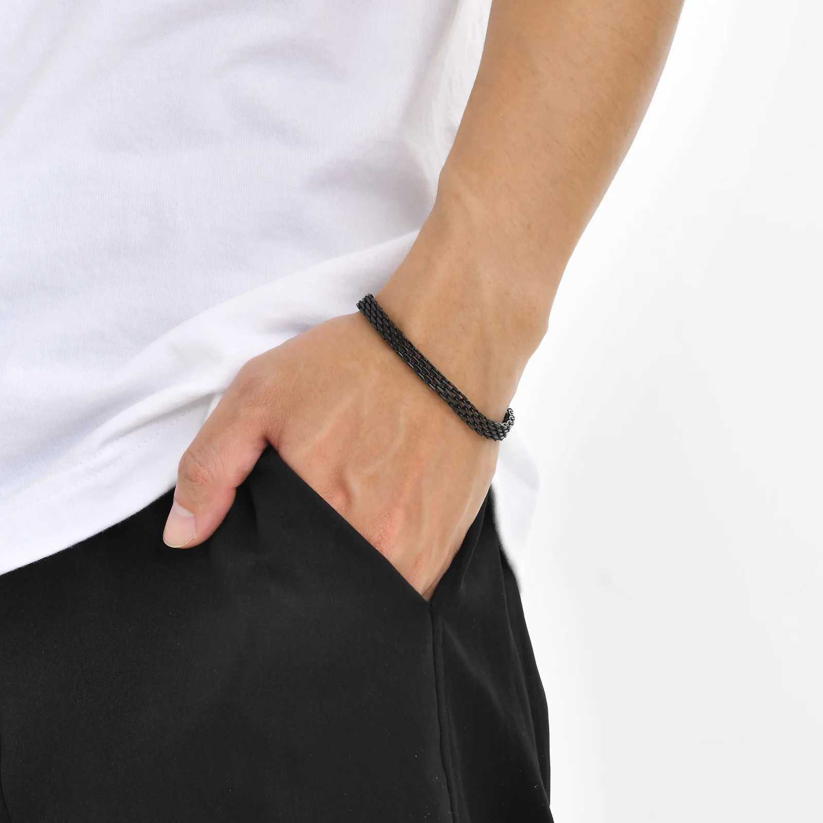 Mprainbow Mesh Chain Bracelets for Men Boys Black Color Stainless Steel Links Wristband Valentines Gift For Men Male Jewelry W250606