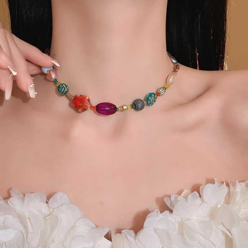 Dopamine Colored Ceramic Bead Necklace Sweet Beauty Instagram Trendy Light Luxury Design High-End Feeling Neck Chain Jewelry Y250605