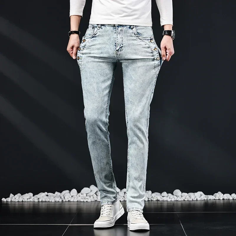 Mens Slim Elastic Skinny Jeans Korean n Fashion Multi-Button Vintage Washed Cotton Stretch Denim Pants Male Trousers 250605