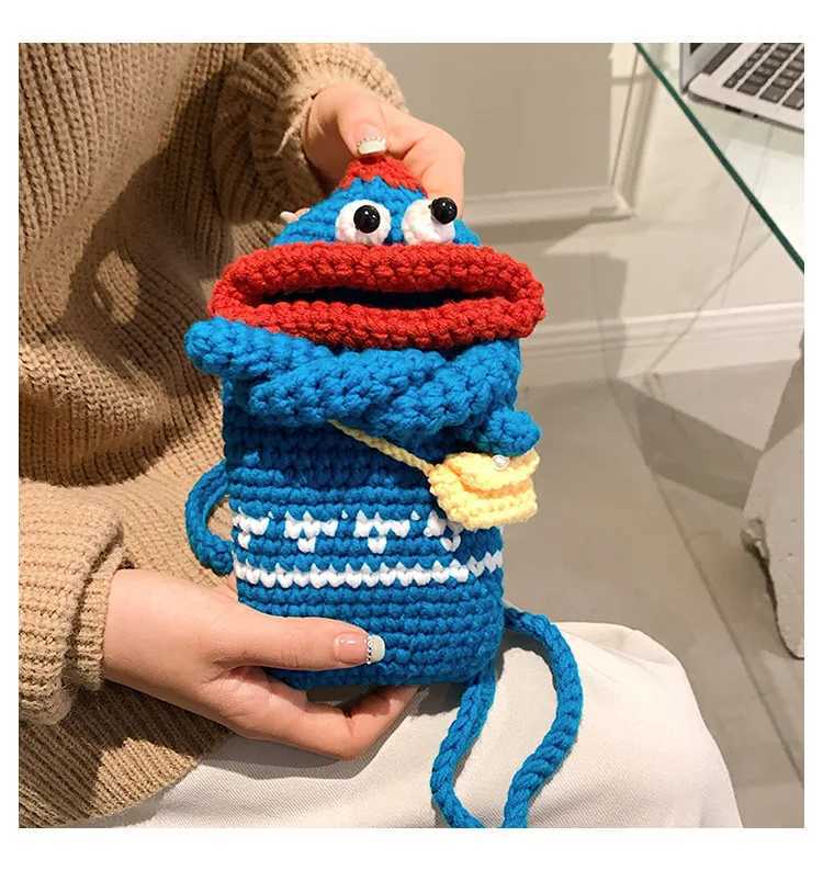 Kawaii Crossbody Bag Handmade Knit Handbag Women Girls Phone Bags Cartoon Sausage Mouth Small Messenger Bag Coin Purse M250606