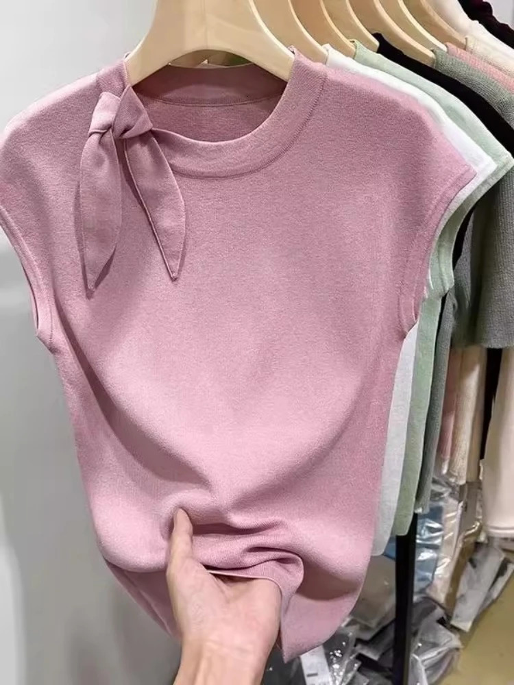 AOSSVIAO 2025 Womens Short Sleeve Round Neck Knit Sweater Summer Slim Fit Versatile Pullover Laceup Fashion Female Clothes 250530