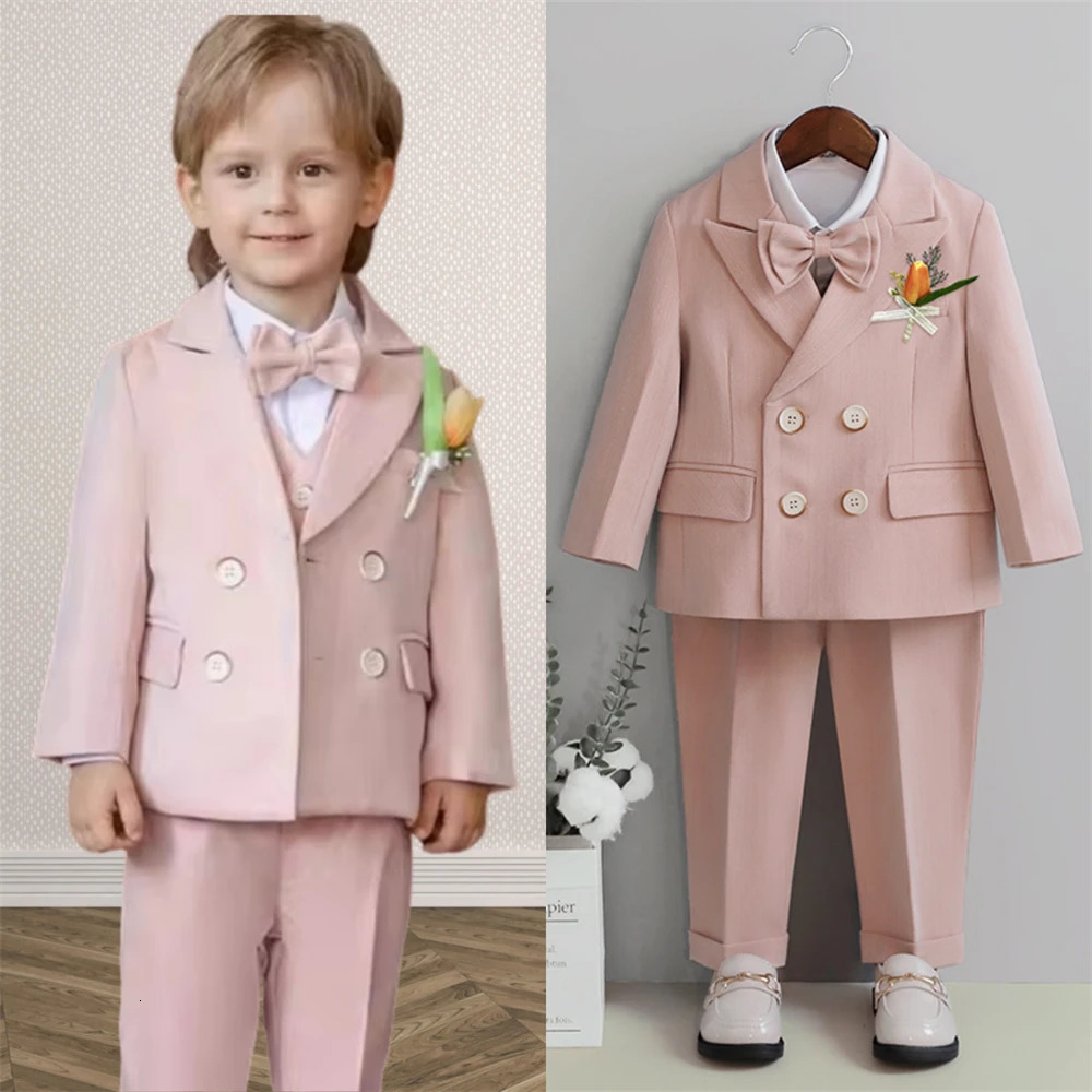 Macaroon Colorful Toddler Suit Set Double Breasted Kids Suits Blazer Pants Bow-tie Brooch Boys Formal Tuxedo Dresswear 250530