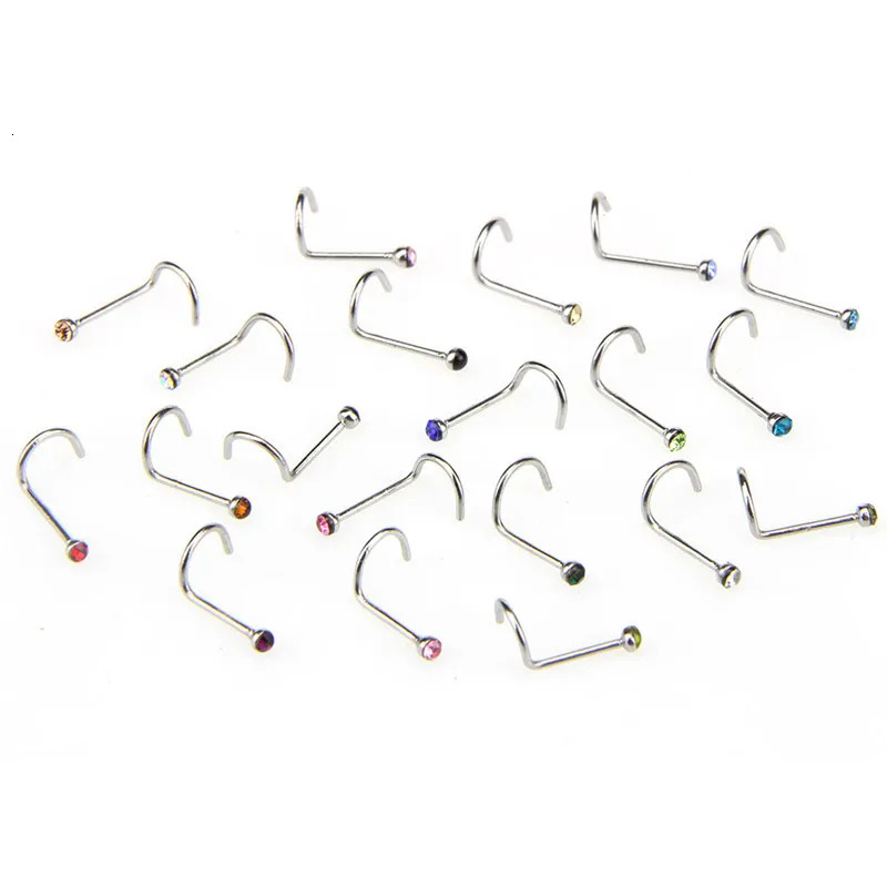 20pcs/lot Stainless Steel Crystal Rhinestone Nose Studs Hooks Bar Pin Nose Rings Body Piercing Jewelry For Women 250605