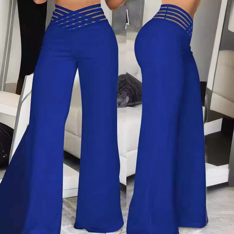Women's Hollow Out Belted Long Elegant Commuter Flared High Waist Casual Wide Leg Pants B5