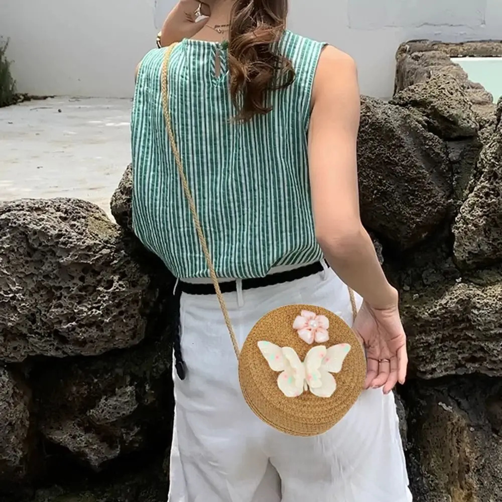 Round Shape Straw Bag Princess Mini Handbag Children Shoulder Butterfly Flower Summer Beach Messenger Kids Coin Purse 250605