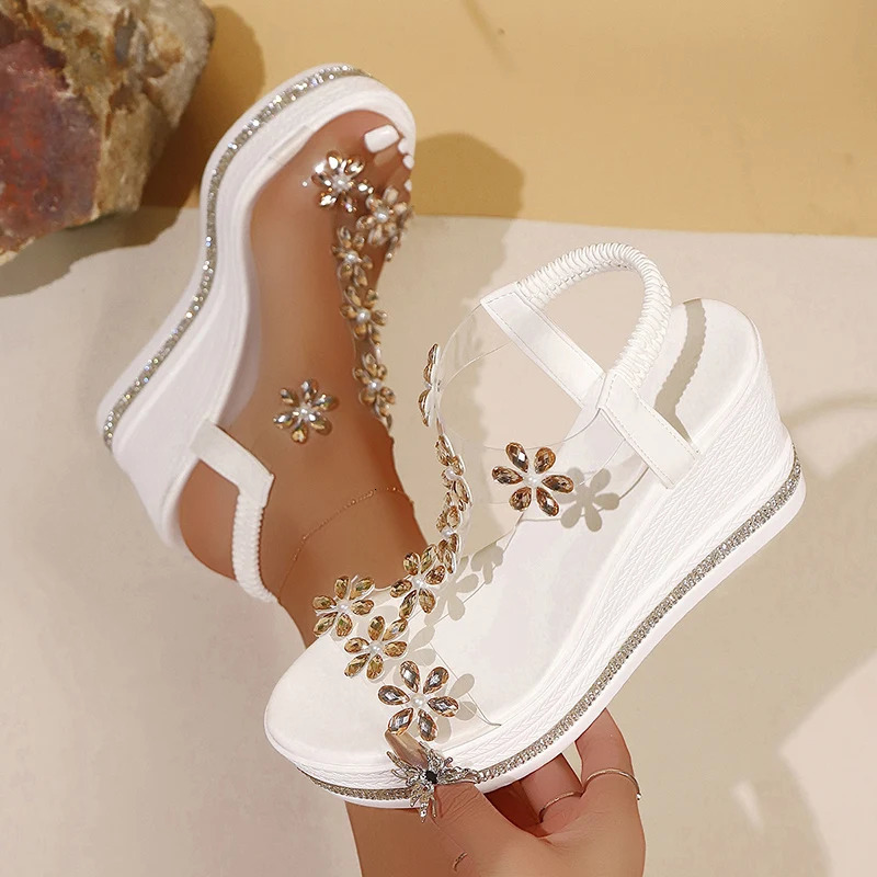 Elegant Rhinestones Flowers Sandals Women Fashion Crystal Chunky Platform Sandles Woman Slip On Wedge High Heels Sandalias Mujer 250605