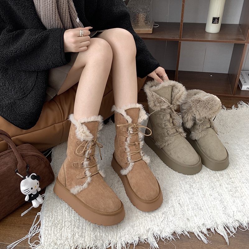 2025 free shipping autumn and winter new designer shoes, women's fashion khaki thick soled high tube snow boots, warm and height increasing snow 