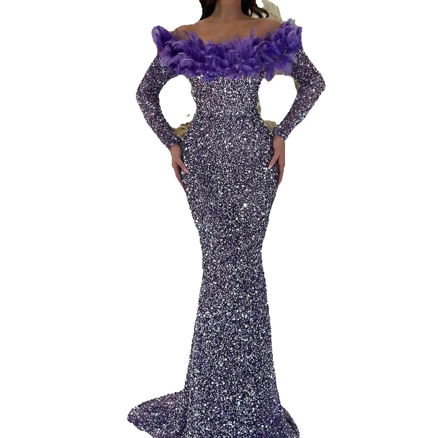 Fashion Mermaid Evening Gown Elegant Feathers Off Shoulder Sequins Prom Dress Long Sleeves Floor Length Party Gown Customized