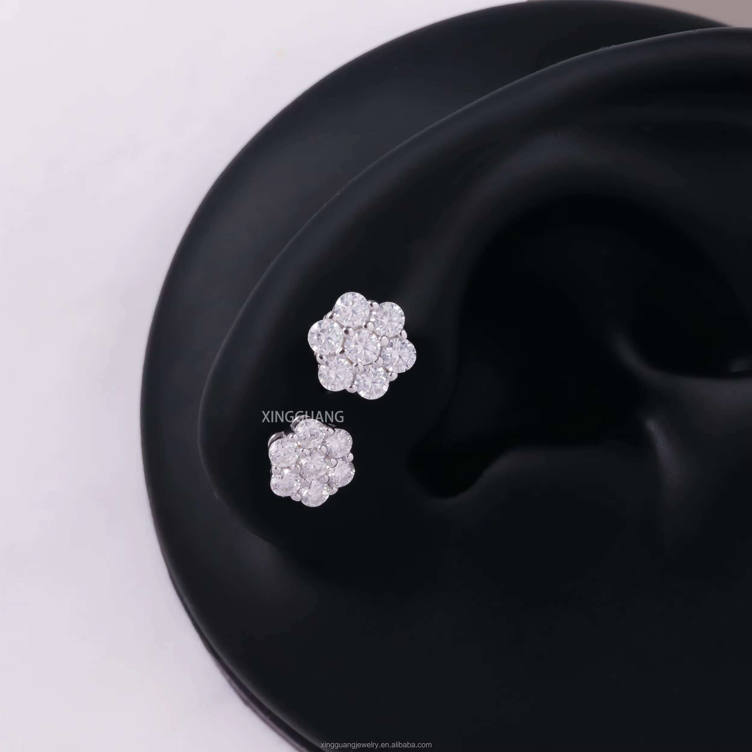 Fashion Jewelry Snowflake Design Round Moissanite Diamonds White Gold Plated 925 Sterling Silver Earring Studs Women Men